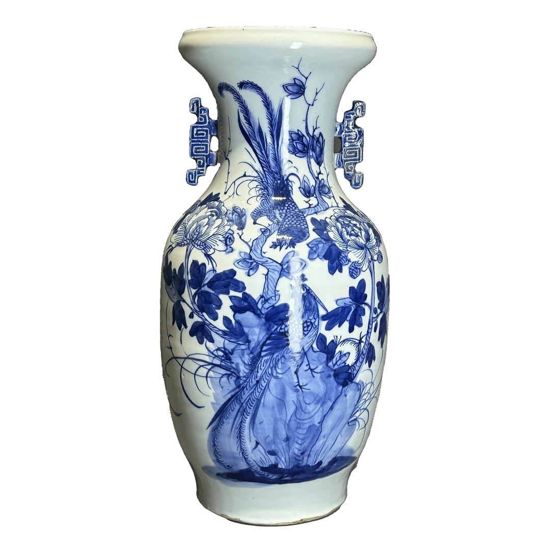 25051411x青花凤穿牡丹双耳瓶
