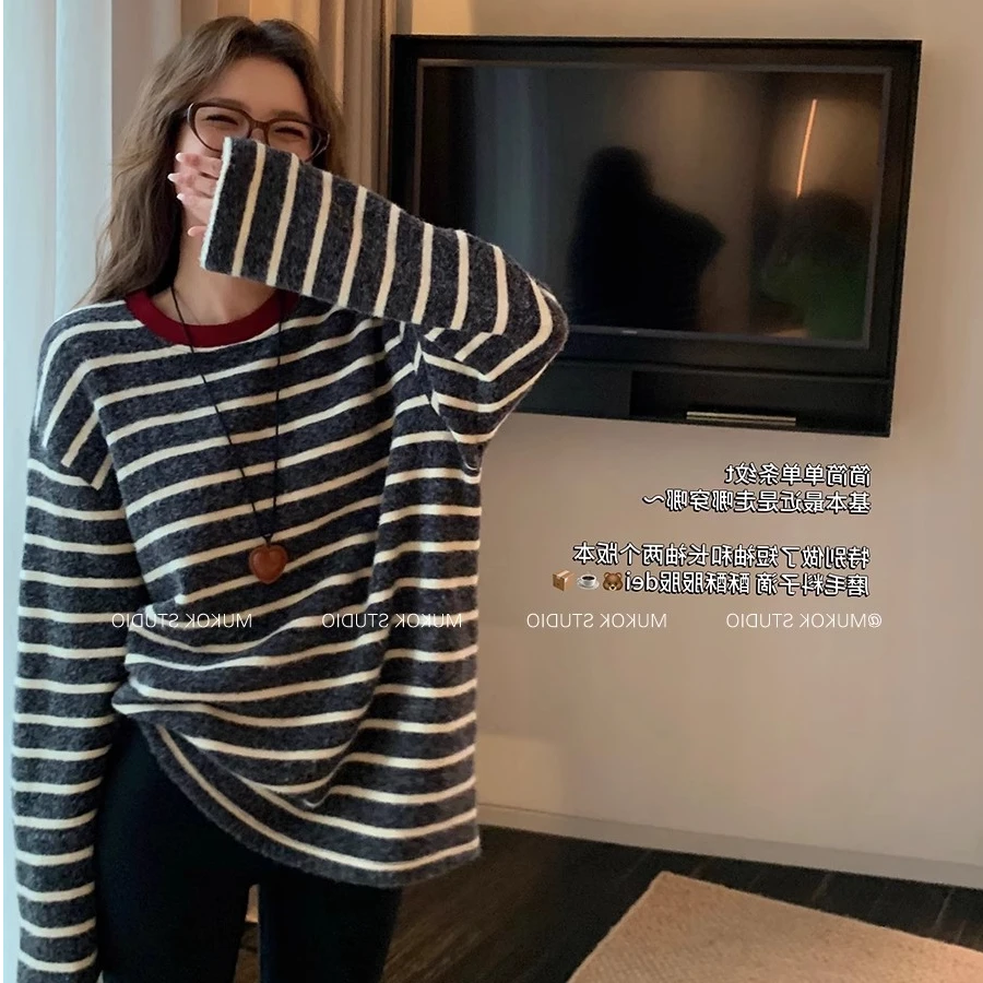 2025秋冬季时尚条纹宽松打底衫针织内搭长袖磨毛T恤女中长款上衣