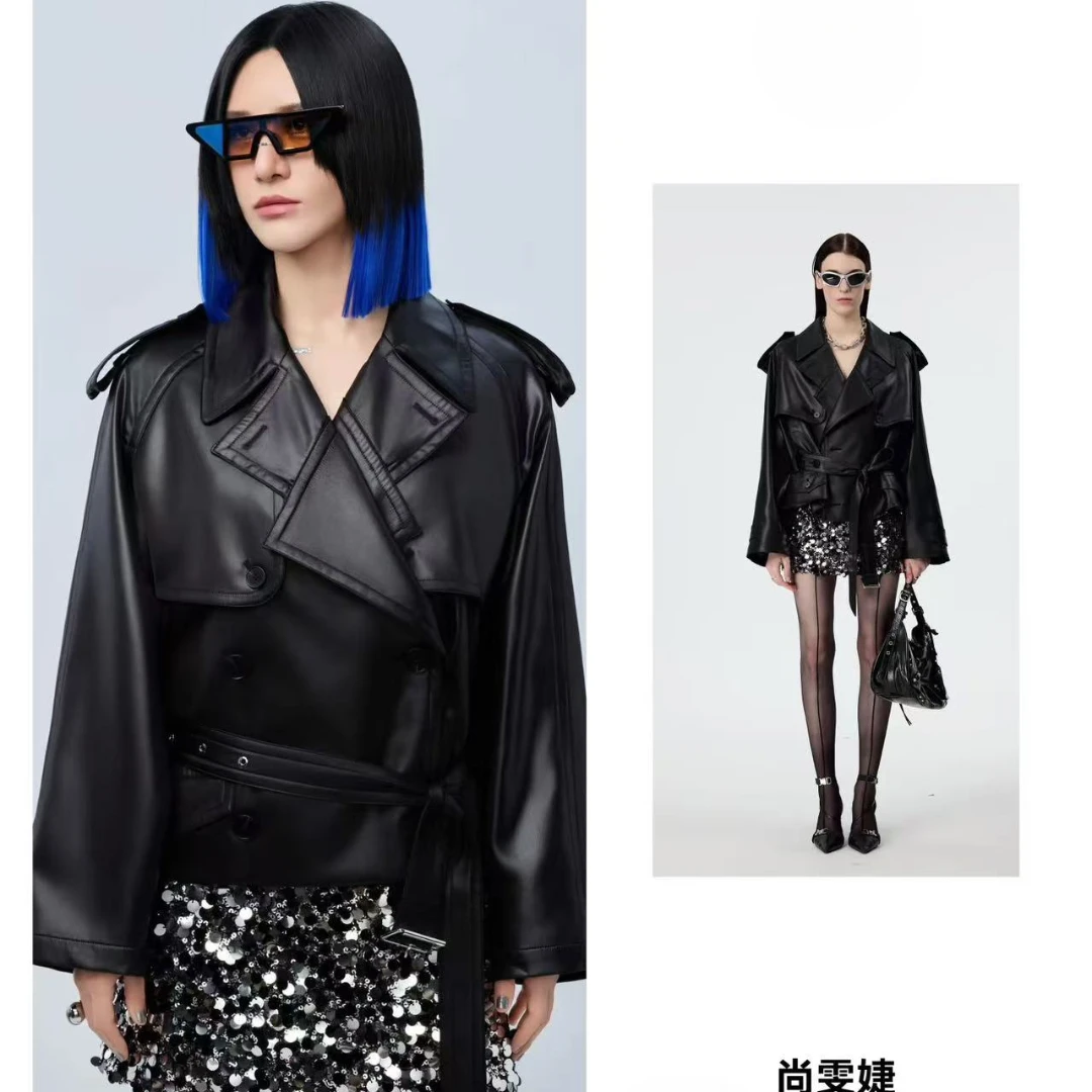 U.T宽松型拼接收腰标准薄款设计师中长款醋酸仿皮光泽感风F047衣