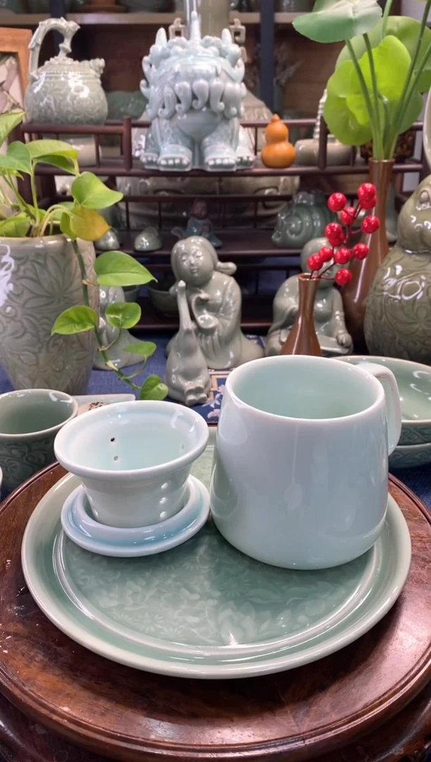 耀州窑 微瑕 天青牡丹素面茶漏杯【b000119】1只