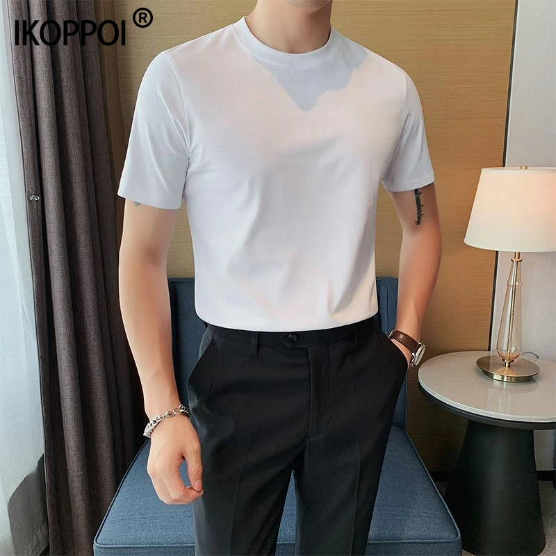 高端短袖T恤男士纯色圆领冰丝滑料半袖夏季修身冰感丝光棉打底衫