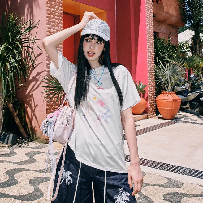 wooha 吾哈2025夏季新款宽松百搭趣味印花落肩袖T恤女W526013288