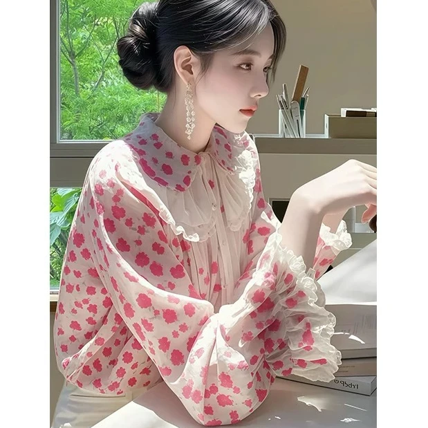 法式粉色碎花衬衫女长袖春季2025新款设计感开春小众蕾丝拼接上衣