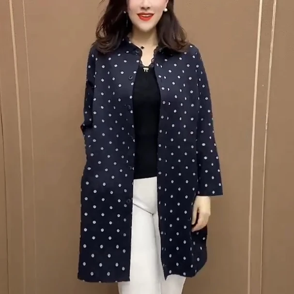 百搭波点2025新款纽扣开衫中老年妈妈装春秋款大码女装中长款外套