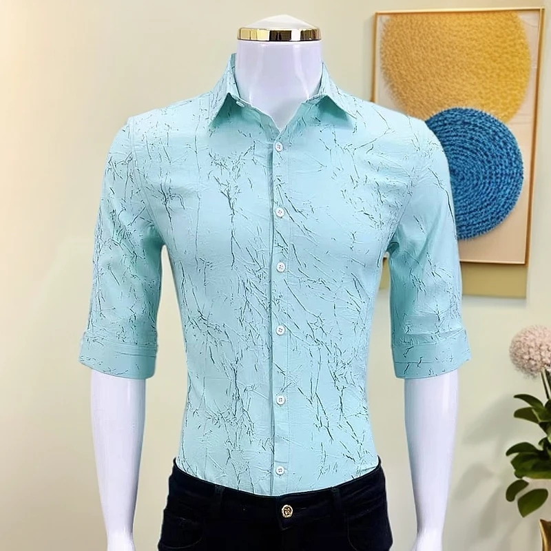 男款时尚夏季中袖衬衫薄款修身精神小伙五分袖隐形扣子商务衬衣