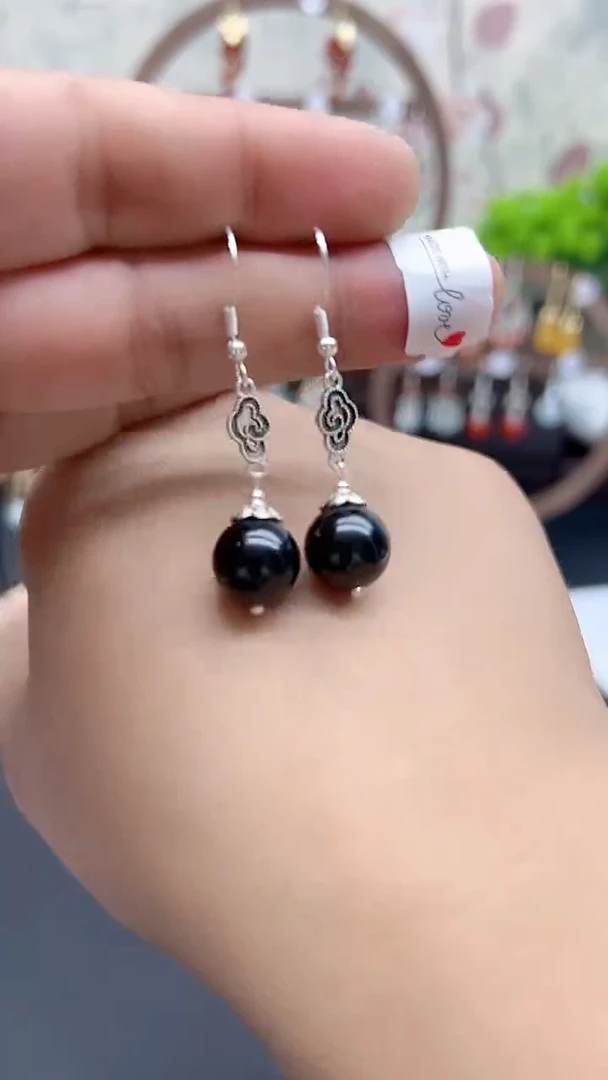 银S925镶嵌黑曜岩耳饰016