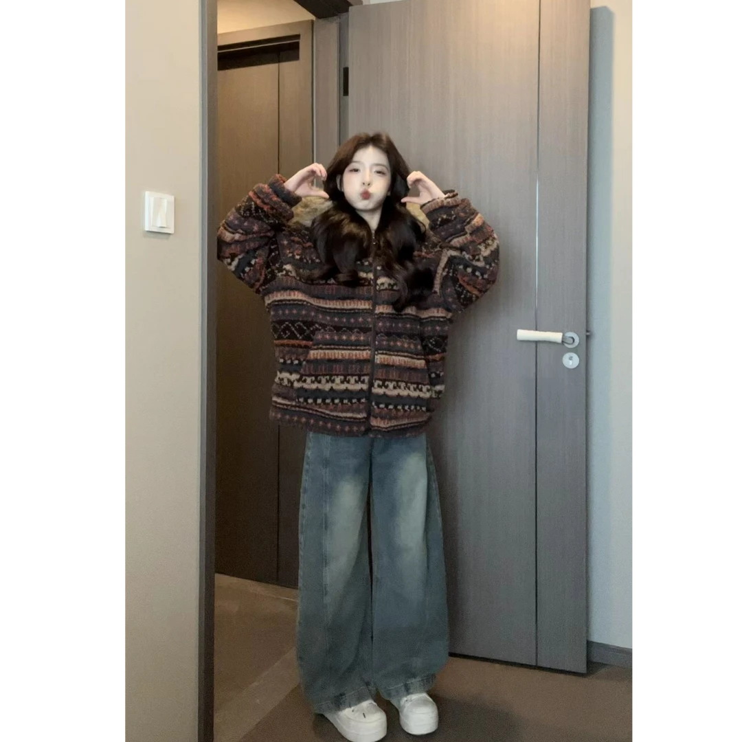 2025冬季新款韩系宽松连帽设计感费尔岛外套