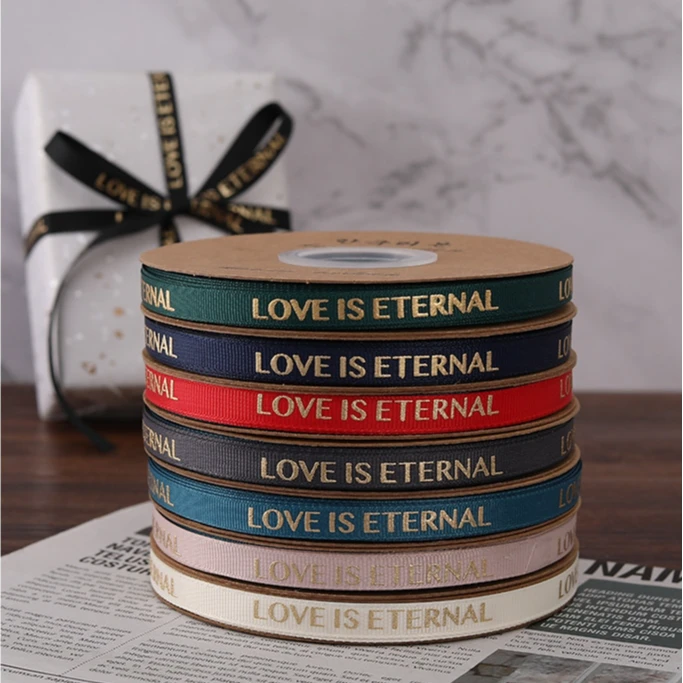 1cm烫金英文螺纹带绸带缎带彩带丝带手工花艺