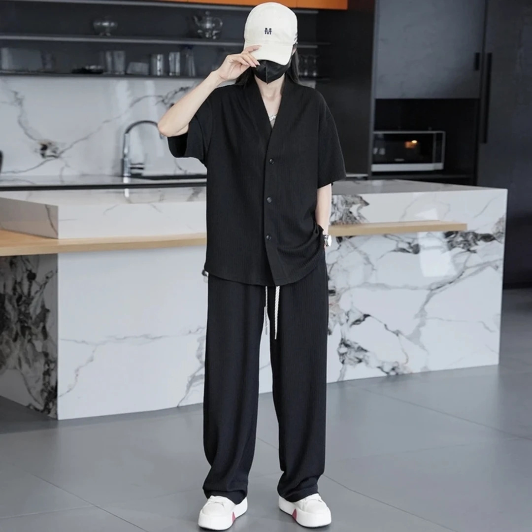2025新款夏季休闲时尚套装简约大气高级感V领短袖衬衫+直筒裤套装