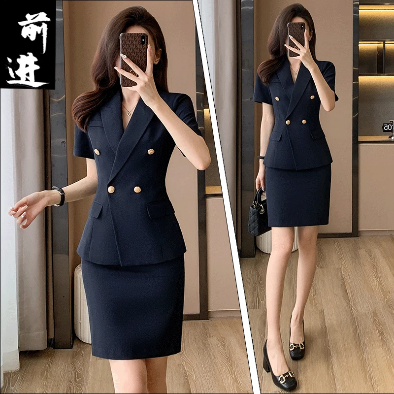 高端短袖西装西装套装女夏季薄款气质修身职业女裙套装经理工作服