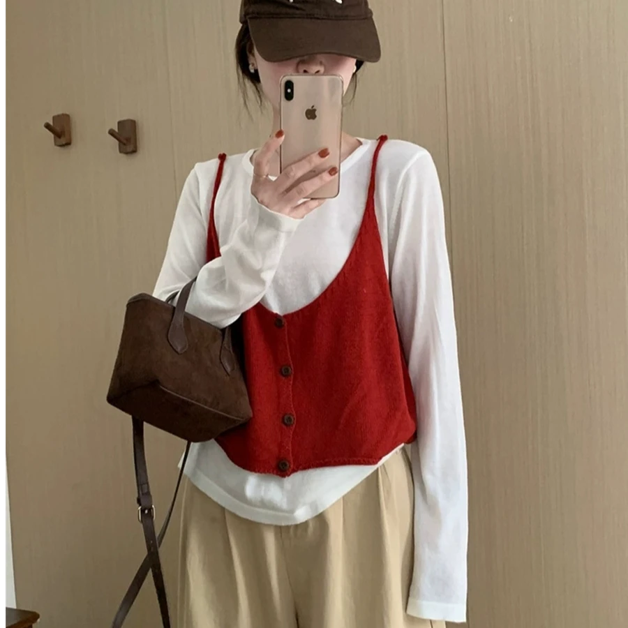 【两件套~】韩系温柔风时尚设计感别致小众樱桃红色吊带长袖打底衫