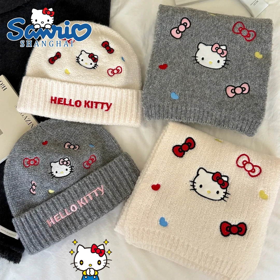 HelloKitty正版针织帽子羊绒刺绣围巾秋冬季女生保暖礼物可爱简约