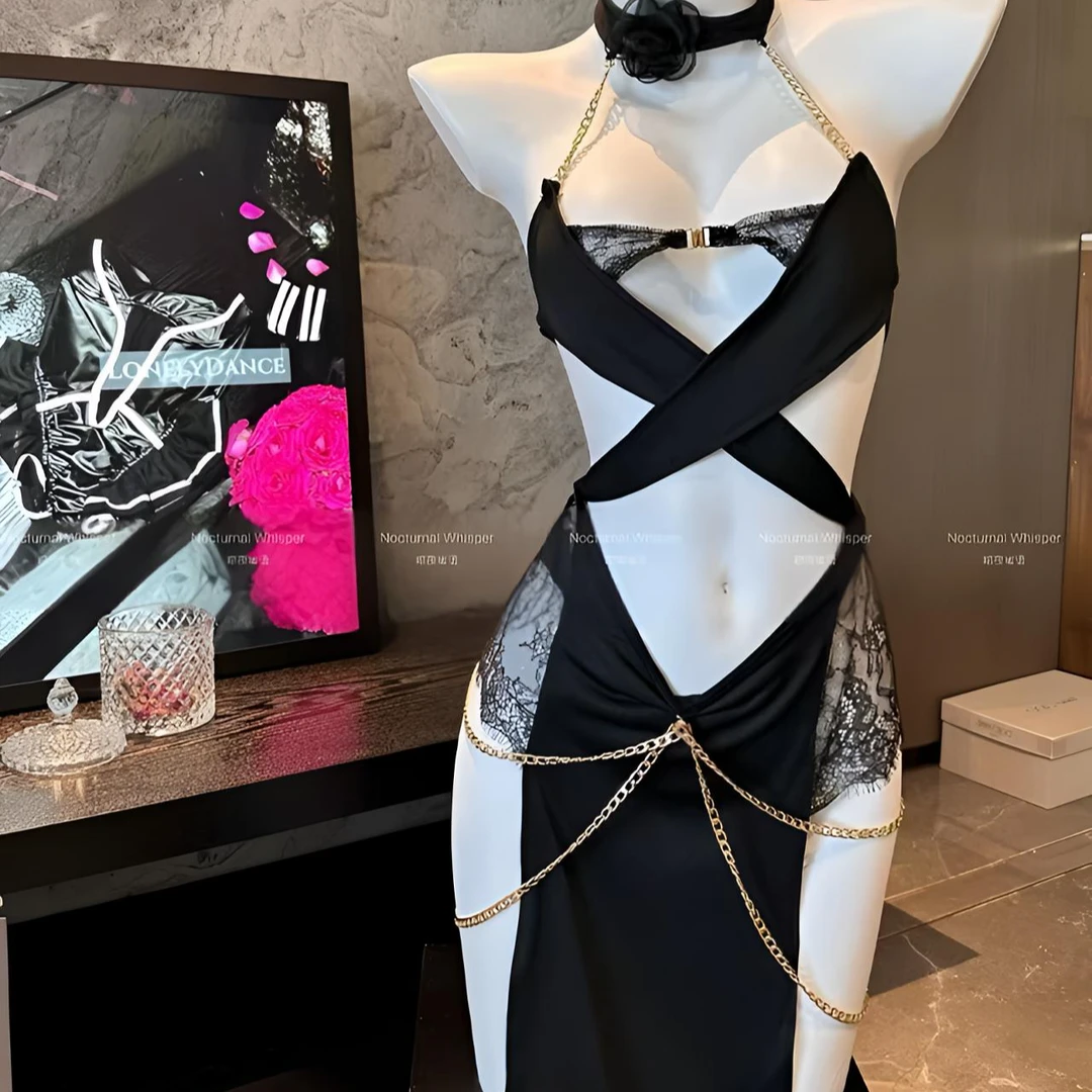 暗夜蜜语【魅魔大人】性感交叉网纱系扣链条诱惑吊带蕾丝睡裙女仆装