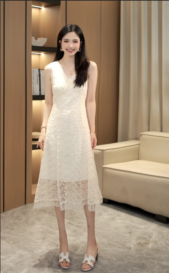 2025新款高级感气质V领刺绣百搭显瘦中长款连衣裙女