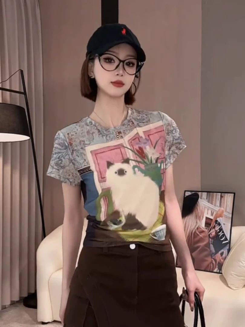 油画猫咪2025夏季新款时尚休闲复古油画网纱短袖T恤女
