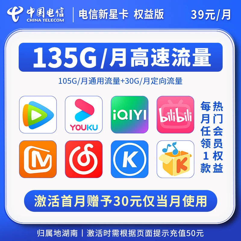 电信新星卡每月1款热门会员大流量卡手机卡正规套餐5G不限速wifi