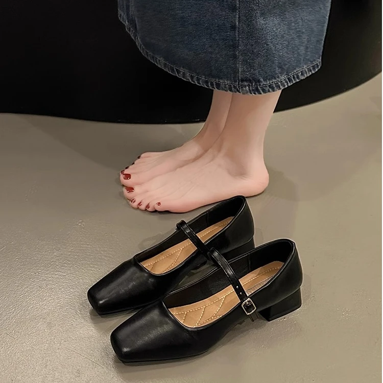 粗跟单鞋女2025年夏季新款气质百搭浅口方头配裙子一字带玛丽珍鞋