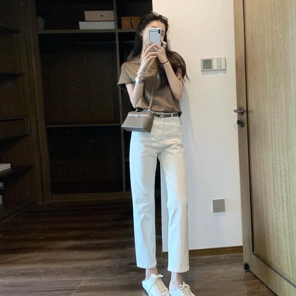 早秋白色小直筒牛仔裤女2025新款八分小个子高腰修身法棍烟管裤子