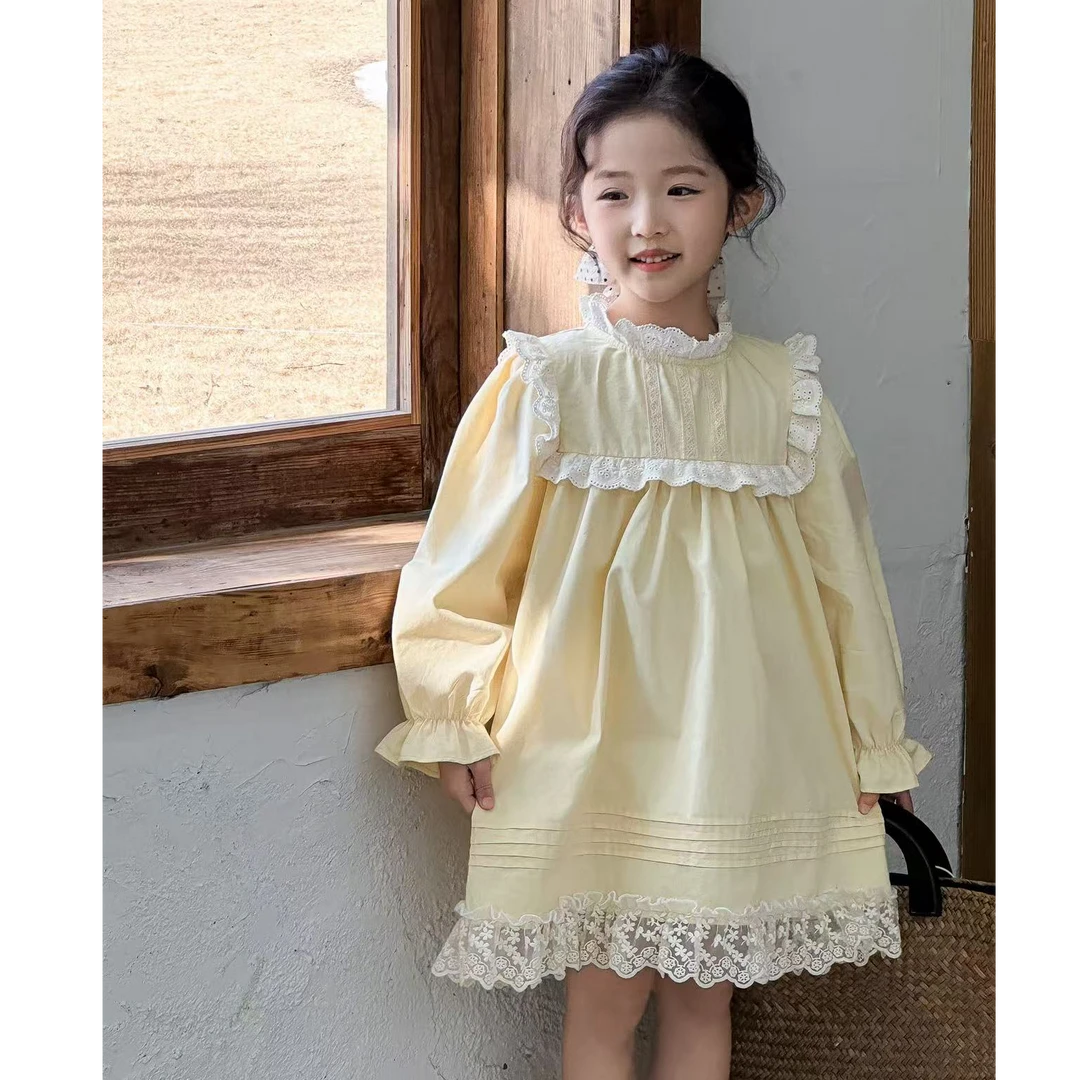 【林姐生活】女童韩版甜美娃娃领蕾丝洋气连衣裙