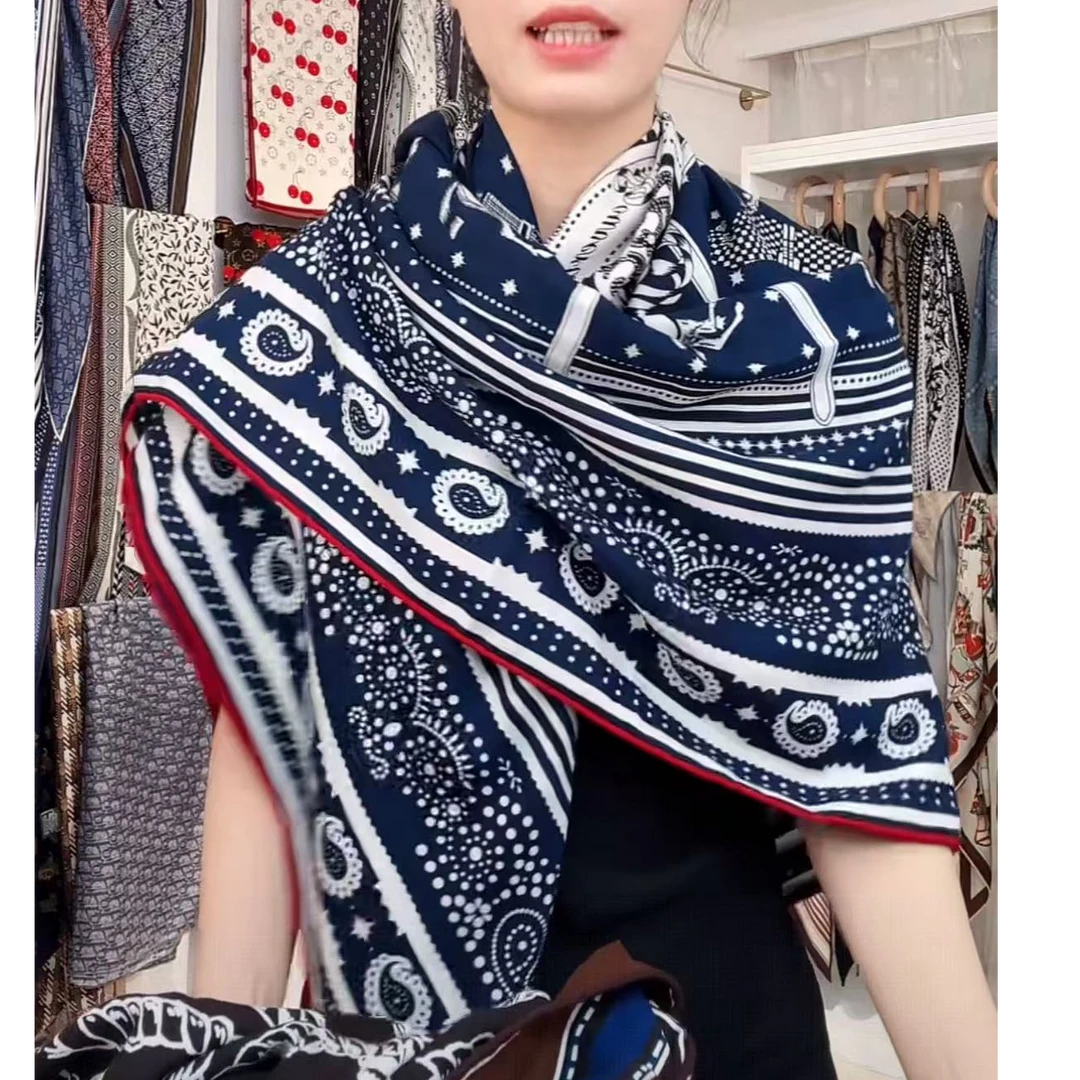 藏青披挂130cm逐梦鸟桑蚕丝羊毛围巾女冬季轻奢围脖方巾丝毛