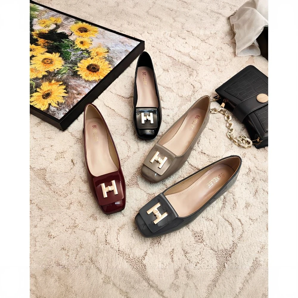 法式气质高级感复古方头金属H扣浅口晚晚鞋粗跟高跟鞋女漆皮单鞋