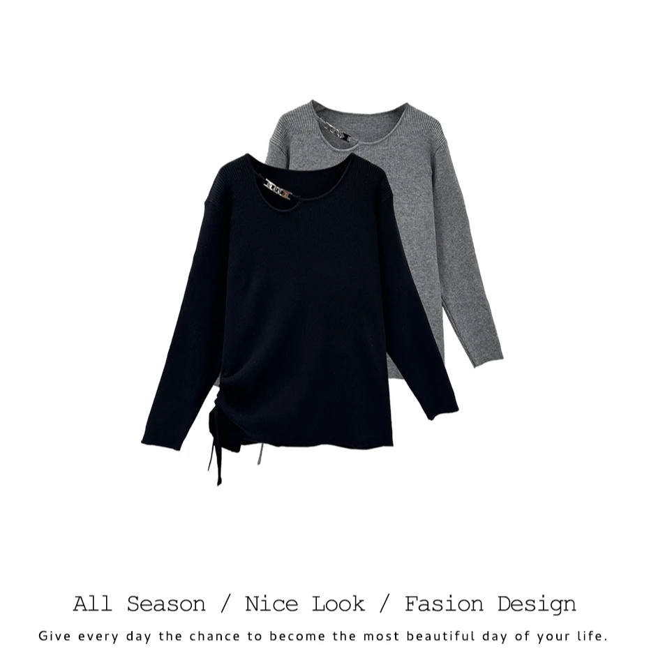 709/537     时尚黑灰双色抽绳金属扣圆领宽松长袖      款号#678