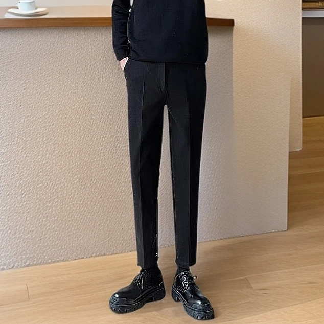 秋冬新款微锥毛呢小西裤男士松紧小脚长裤抗皱显瘦休闲加厚保暖裤