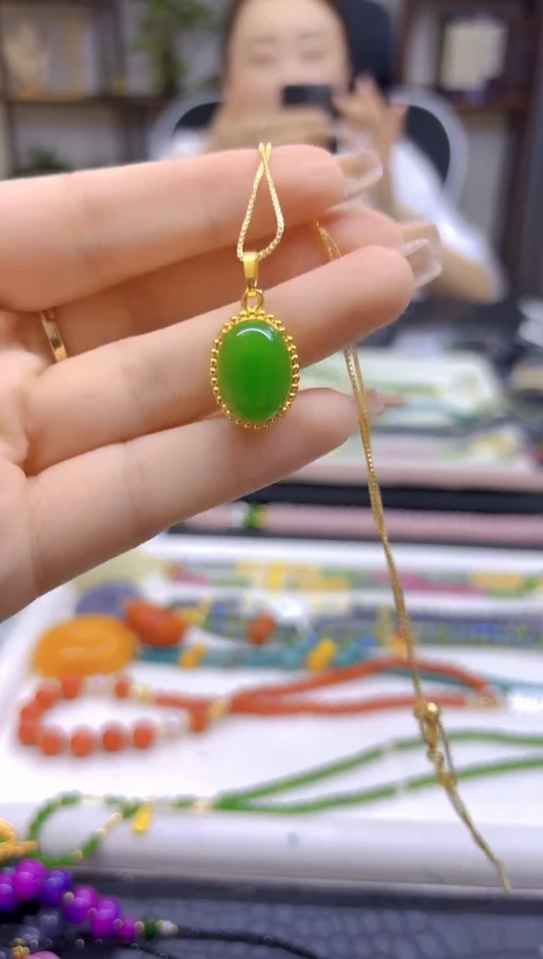 和田玉（碧玉）银S925镀金镶嵌吊坠(赠链)DIY款D313