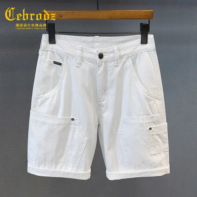 法国Cebrodz纯棉休闲白色牛仔短裤男士夏季薄款宽松工装五分裤男
