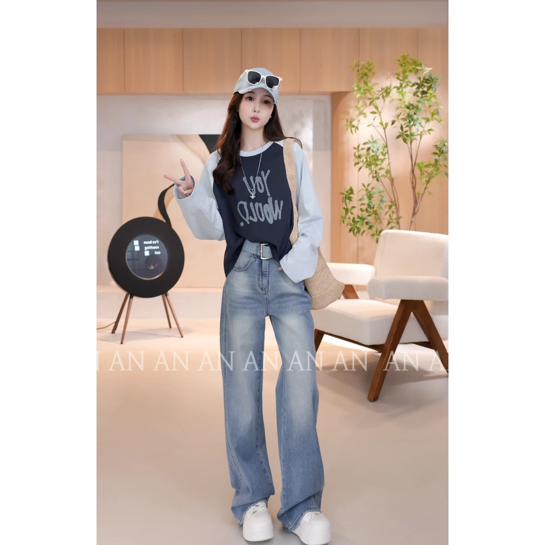 C03038春季新款洋气减龄宽松韩版休闲字母插肩袖T恤