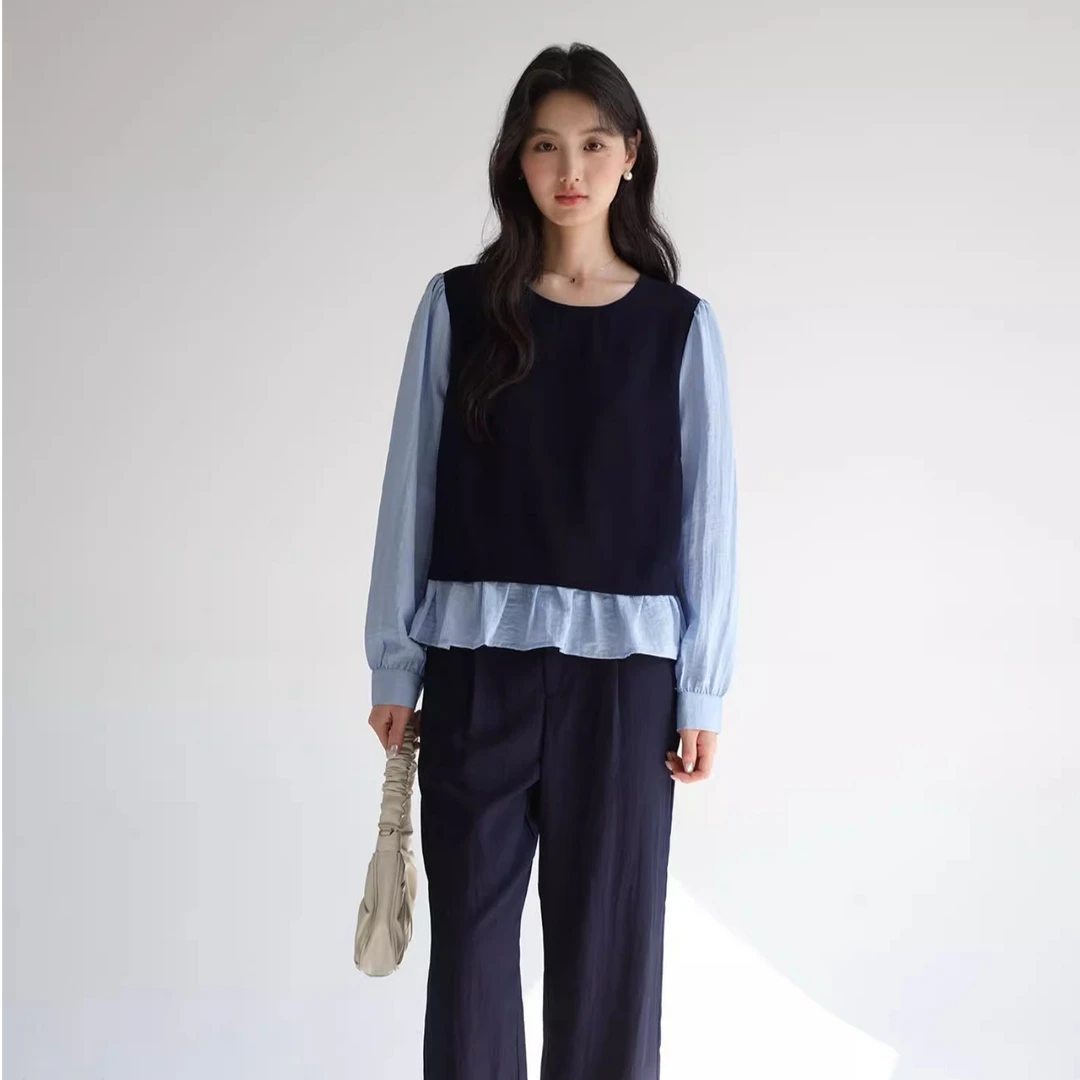 Lrosey/蓝若水大码女装2025春季假两件遮肚子显瘦韩系衬衫86700