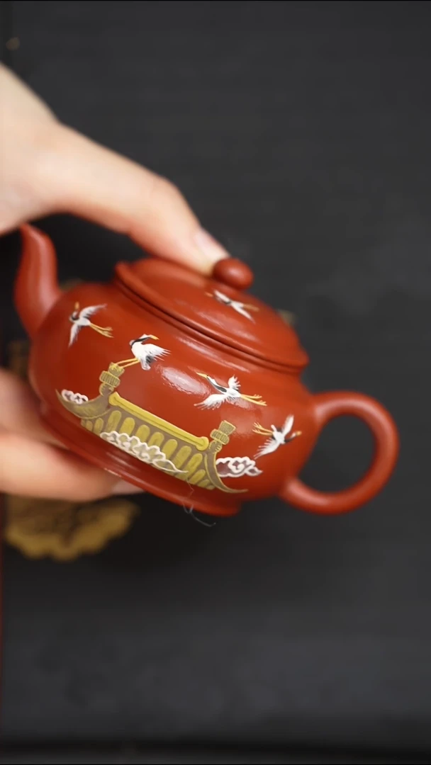 茶壶紫砂孟臣仙鹤泥绘朱泥宫灯150cc