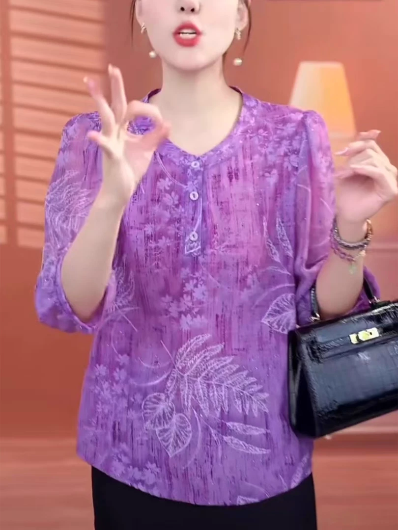 时尚紫色衬衫女士夏季新款妈妈装印花圆领七分袖小衫洋气显瘦上衣