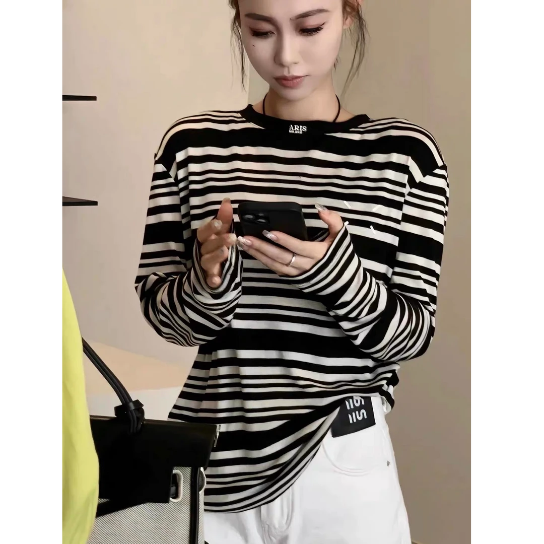 欧货条纹长袖T恤女2025早春新款时尚洋气圆领字母印花大码上衣潮