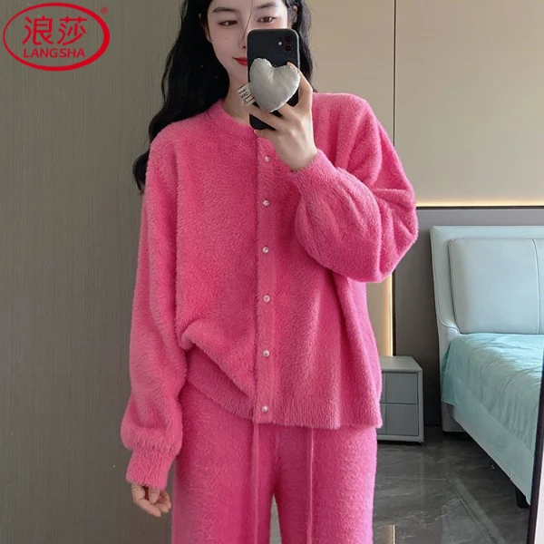 浪莎新款长袖长裤睡衣女秋冬季法兰绒加绒加厚高级感珊瑚绒家居服