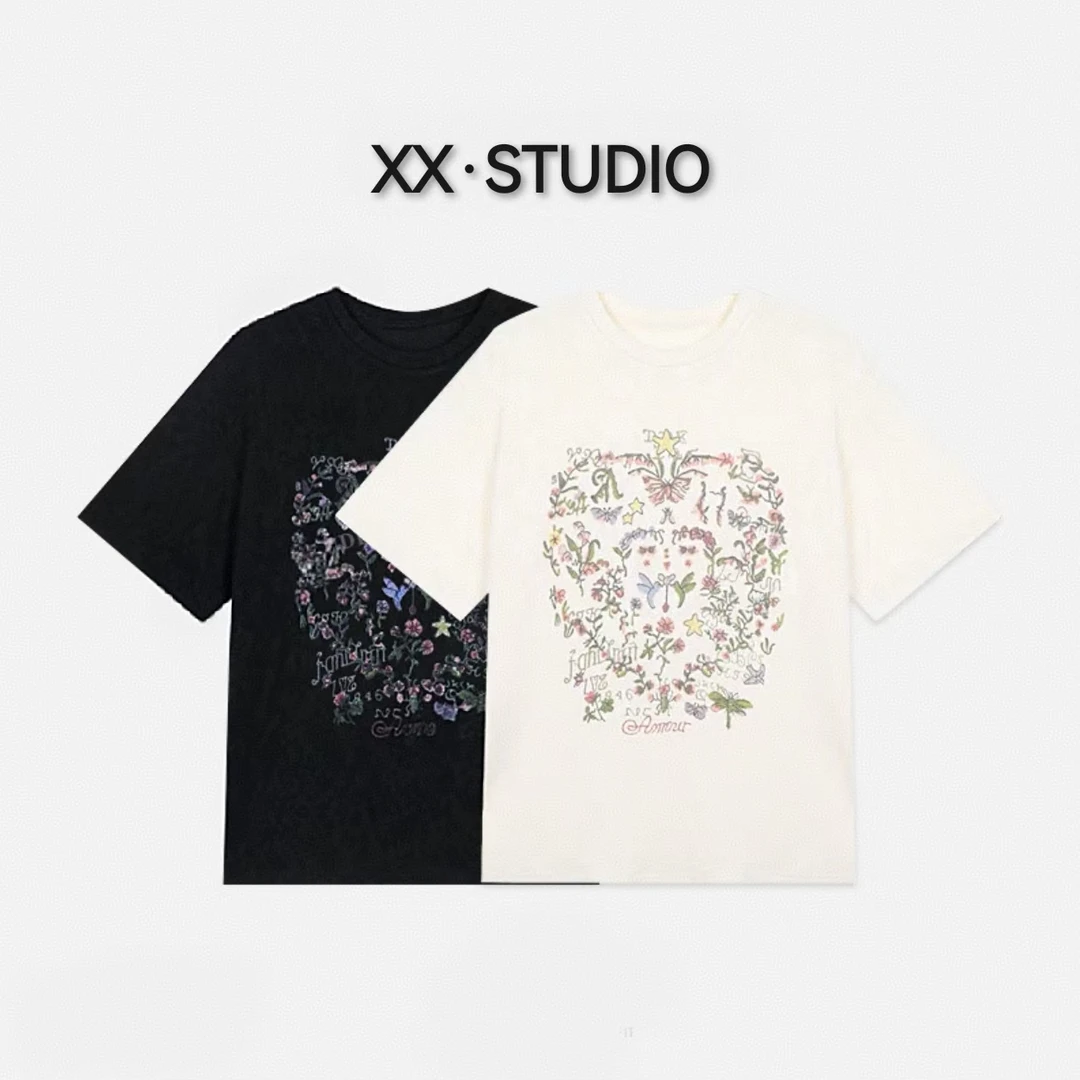 【囍儿】夏季百搭花丛蕾丝提花短袖T恤