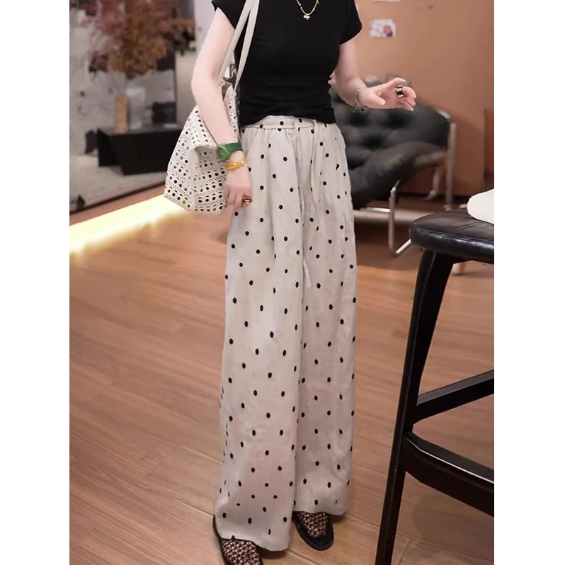 波点天丝亚麻裤女2025夏季新款松紧腰显瘦时髦洋气百搭减龄休闲裤