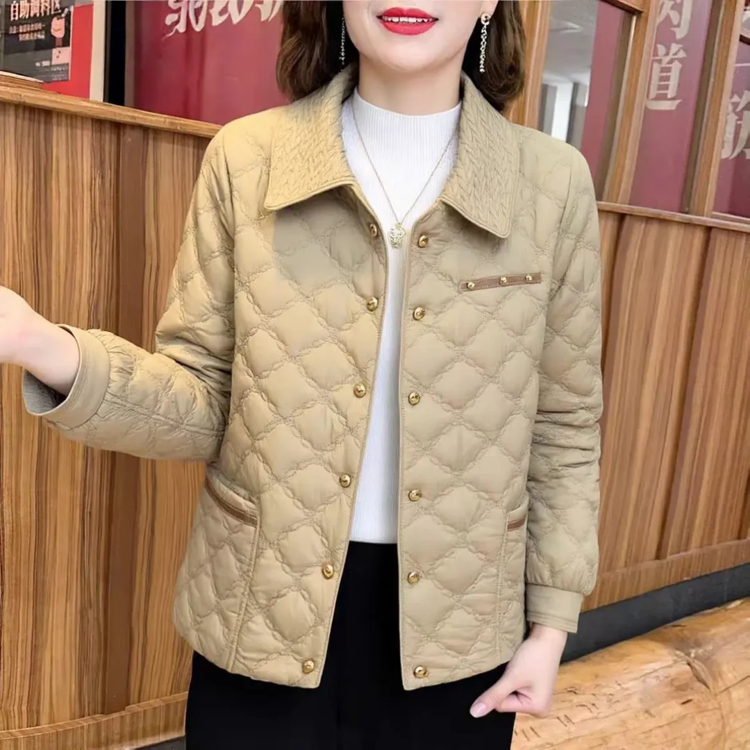 秋冬新款时尚翻领外套轻薄棉服保暖洋气减龄纯色中老年妈妈装上衣