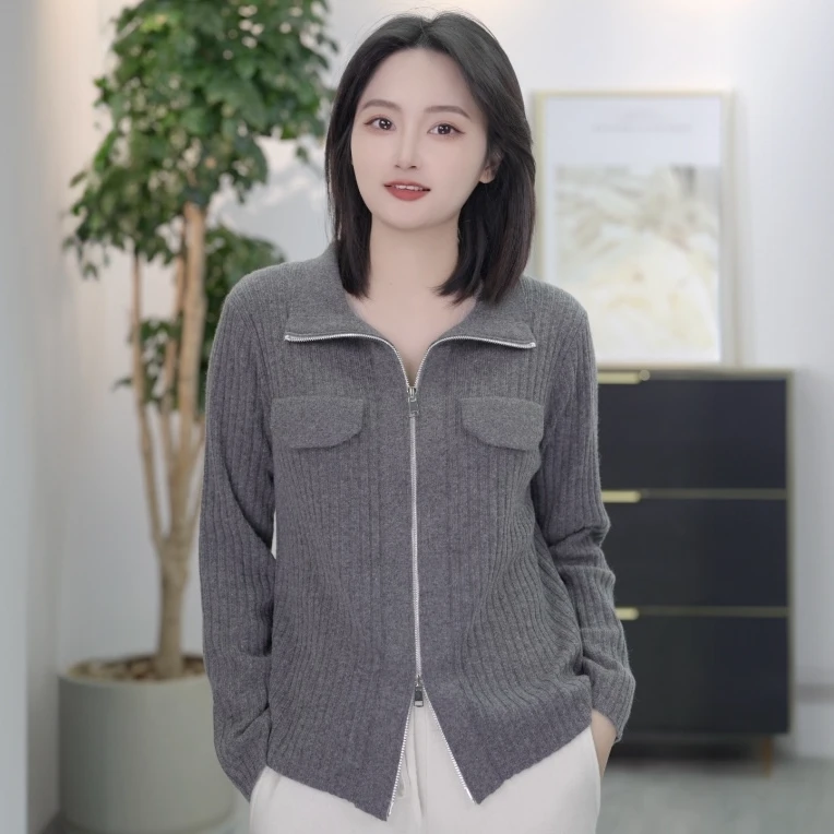 羊毛开衫女25春季新款立领抽条毛衣双拉链翻领针织开衫外套8012