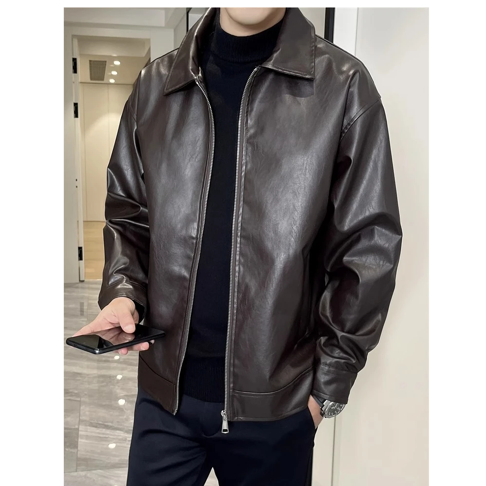 美式复古pu皮衣外套男士春秋季棕色潮流帅气男生宽松款翻领皮夹克