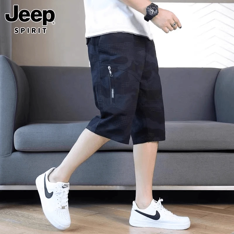 JEEP吉普男士工装短裤男款夏季百搭宽松大码七分裤迷彩休闲裤子男