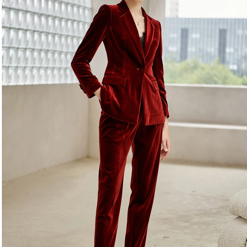 204019红色金丝绒西装套装女职业装总裁气质2025春装新款小西服S
