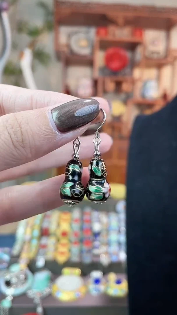 非遗手工景泰蓝耳环葫芦黑色