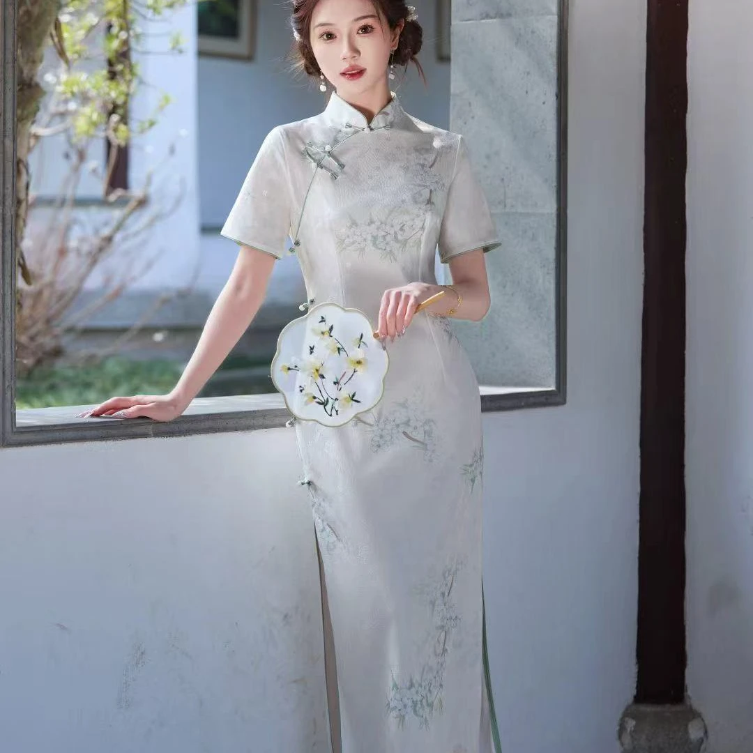 13C-新中式日常绣花开叉显瘦旗袍裙时尚网红印花少女蕾丝中国风