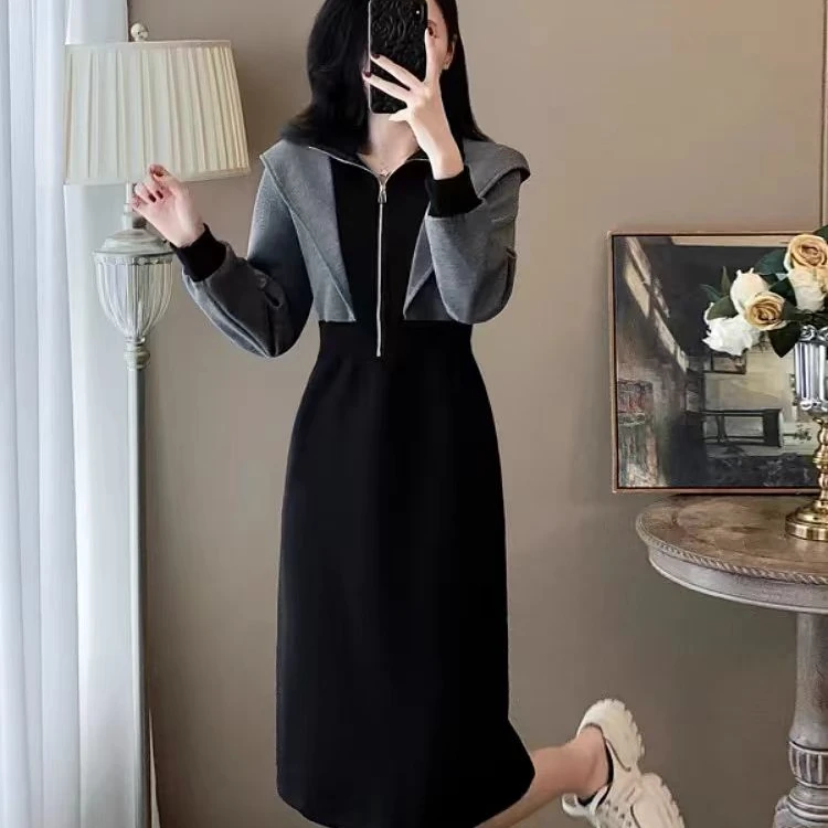 休闲撞色连帽卫衣裙女秋冬宽松显瘦减龄气质高级感裙子 60239