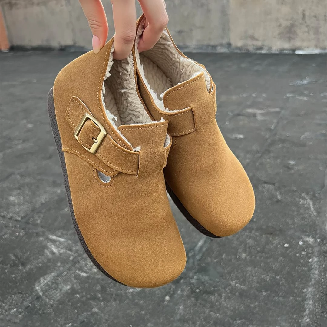 Y819小喜哥家冬季复古风文艺牛皮圆头勃肯鞋厚绒一体穆勒真皮棉靴