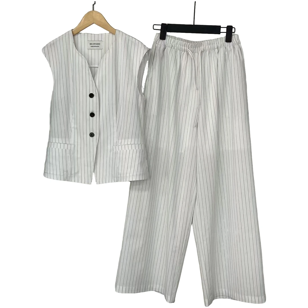 （条纹主义)夏季薄款潮流时尚气质韩版蓝条纹马甲套装