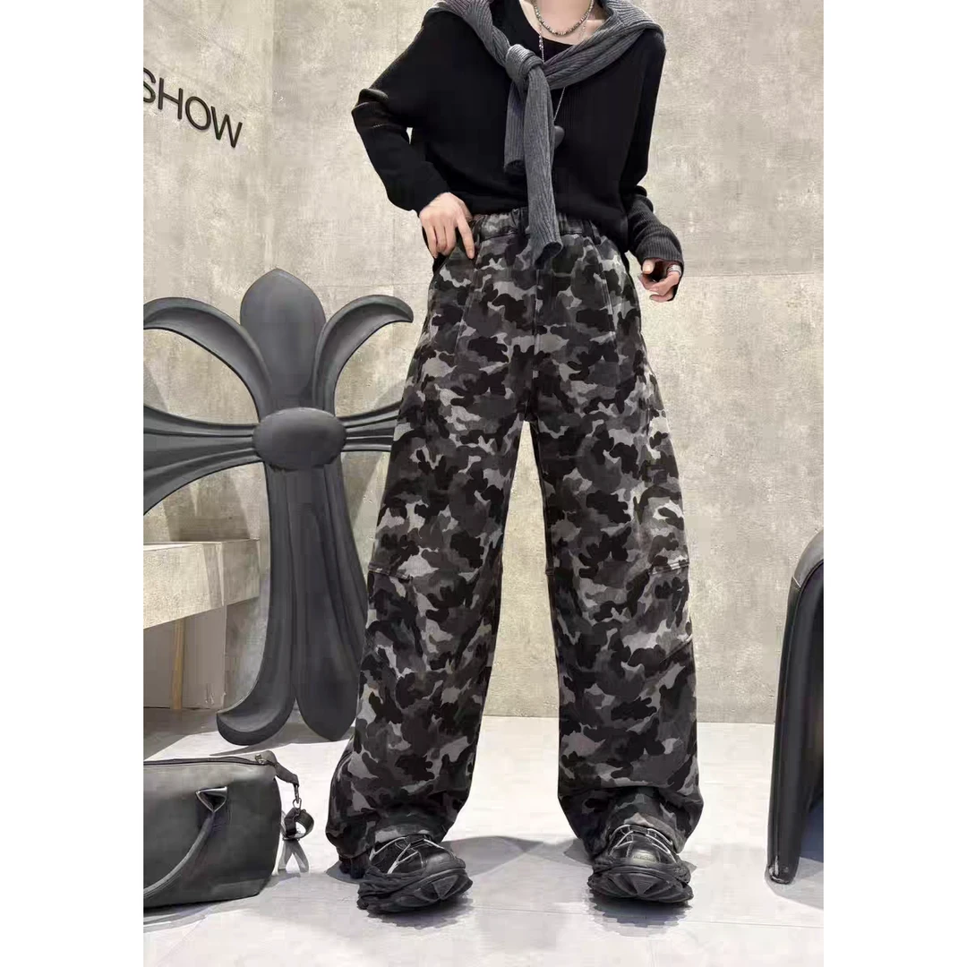 「涵涵家」胖mm慵懒风宽松阔腿显瘦弯刀迷彩加绒牛仔裤女#850