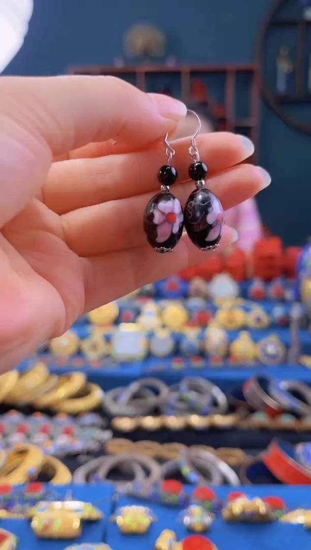 非遗 景泰蓝耳饰 黑色枣珠