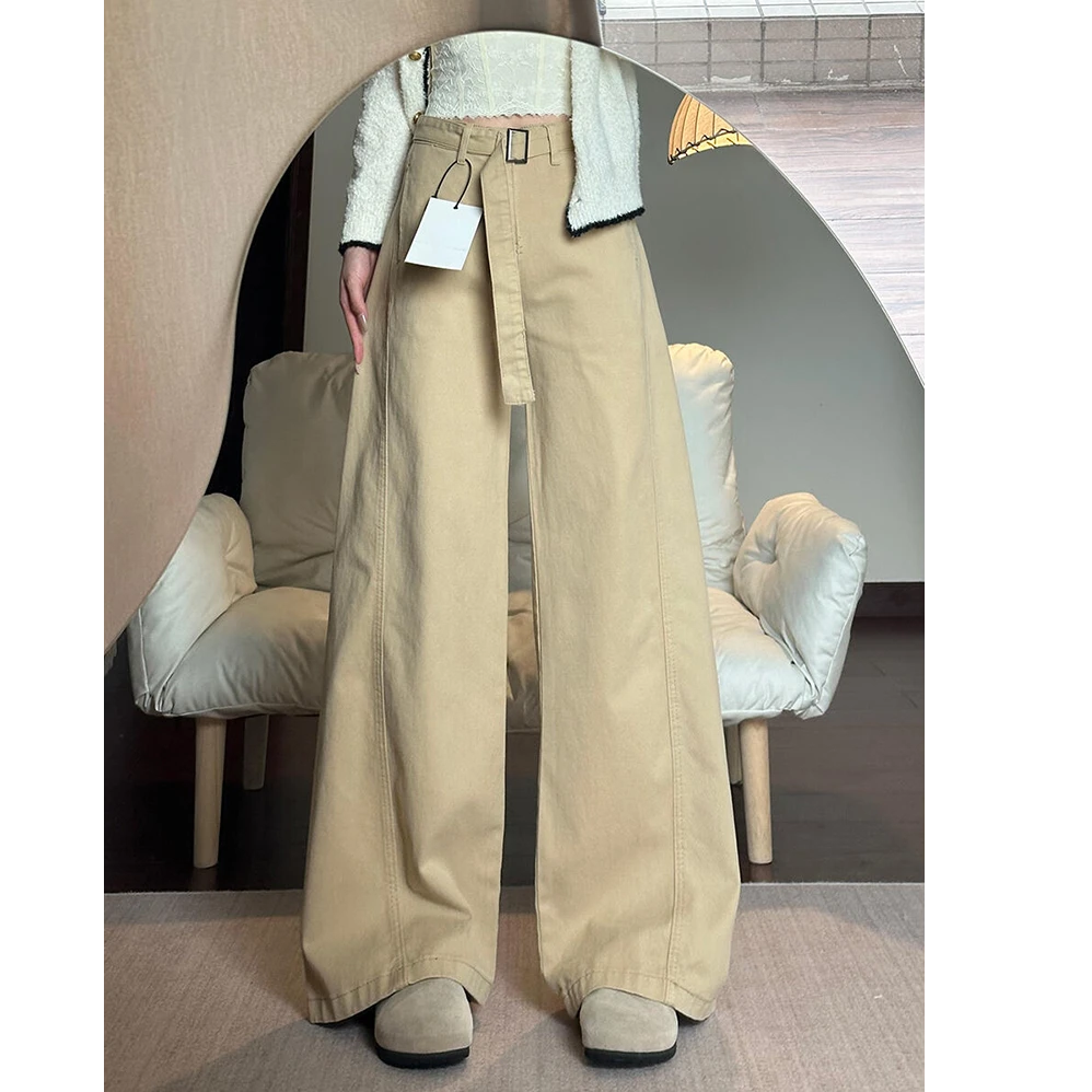 300斤大码胖mm卡其色弯刀牛仔裤女秋季新款梨形身材显瘦阔腿裤子